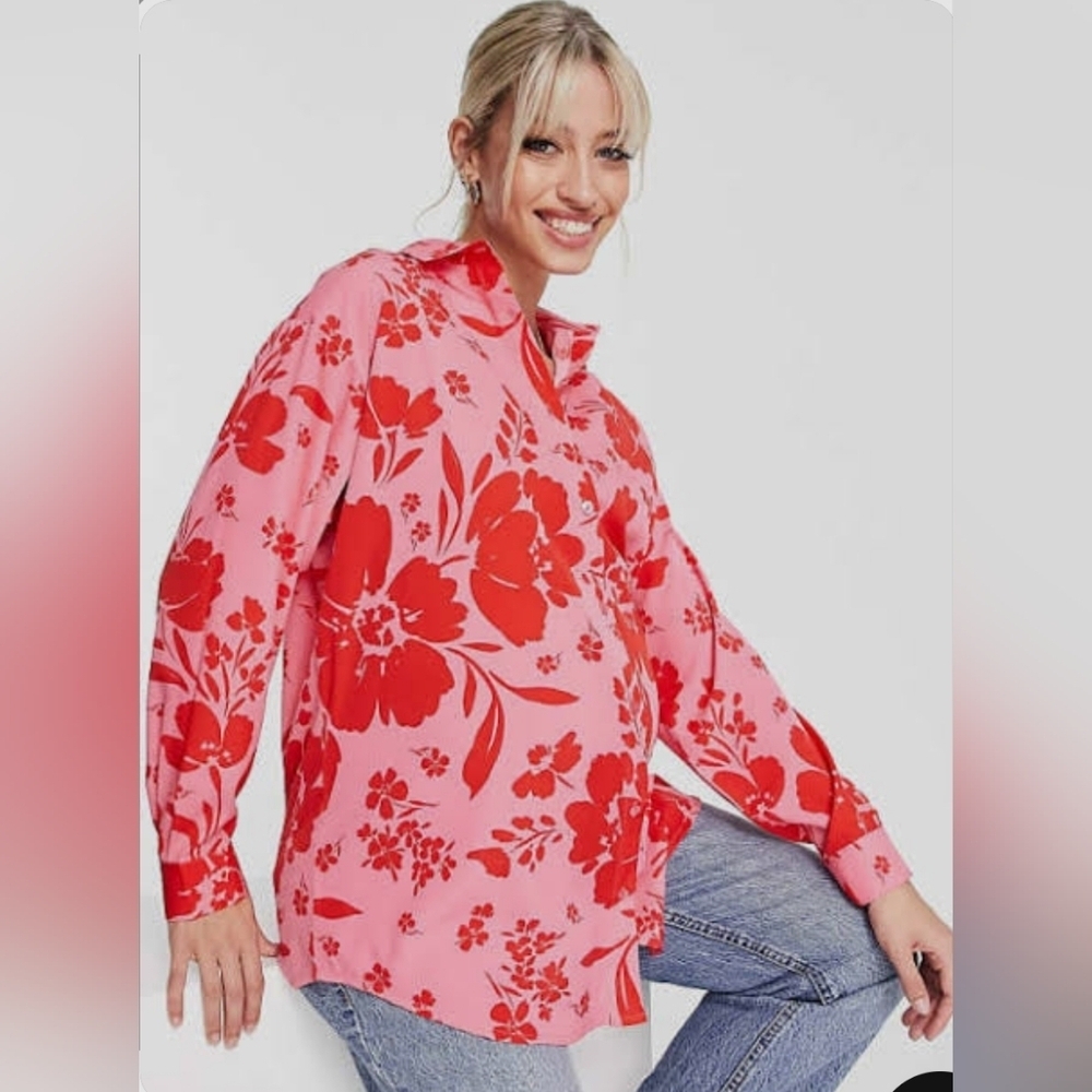 Floral Pink and Red Button-Up Shirt Victory Secret
